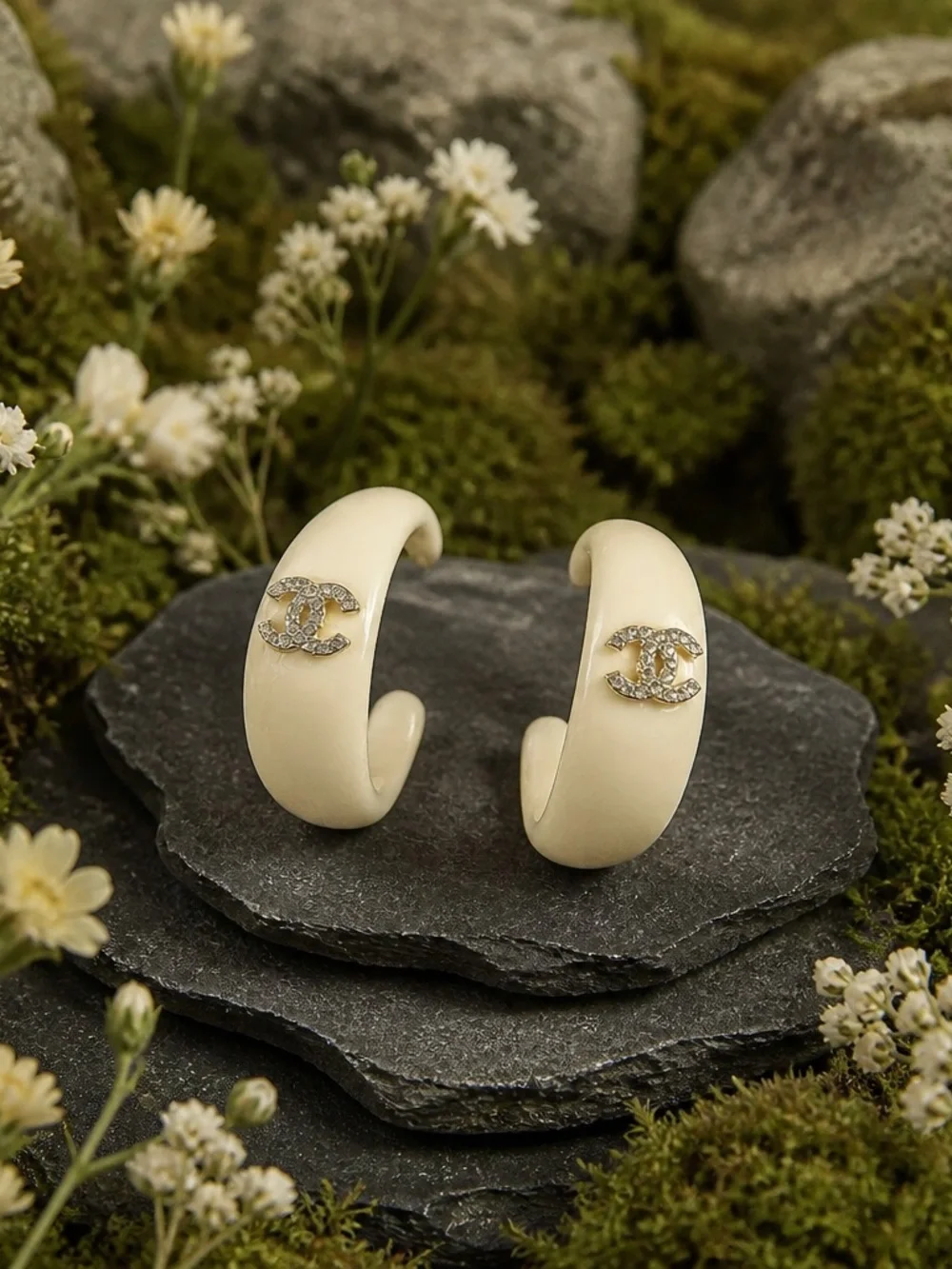 Cream Hoop Earrings with Crystal CC Logos